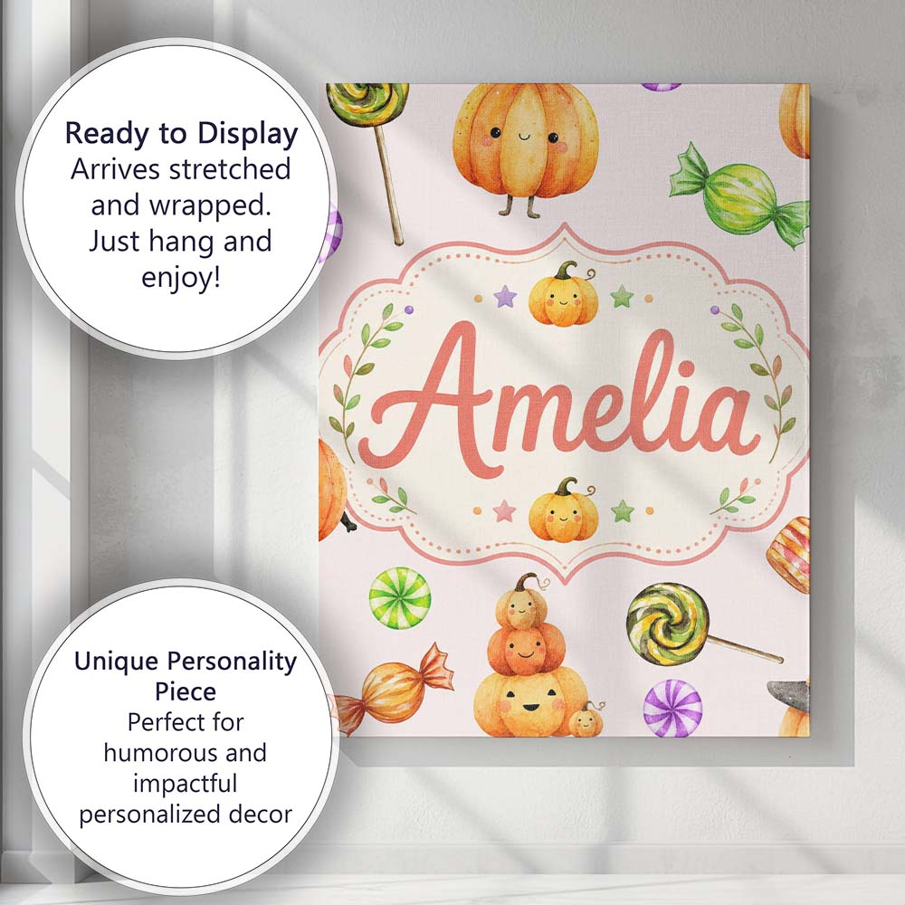 Personalised Name Cute Halloween Pumpkin Custom  Unique Gift Idea Elegant Feature Canvas Wall Art Print Decor Picture Ready to Hang