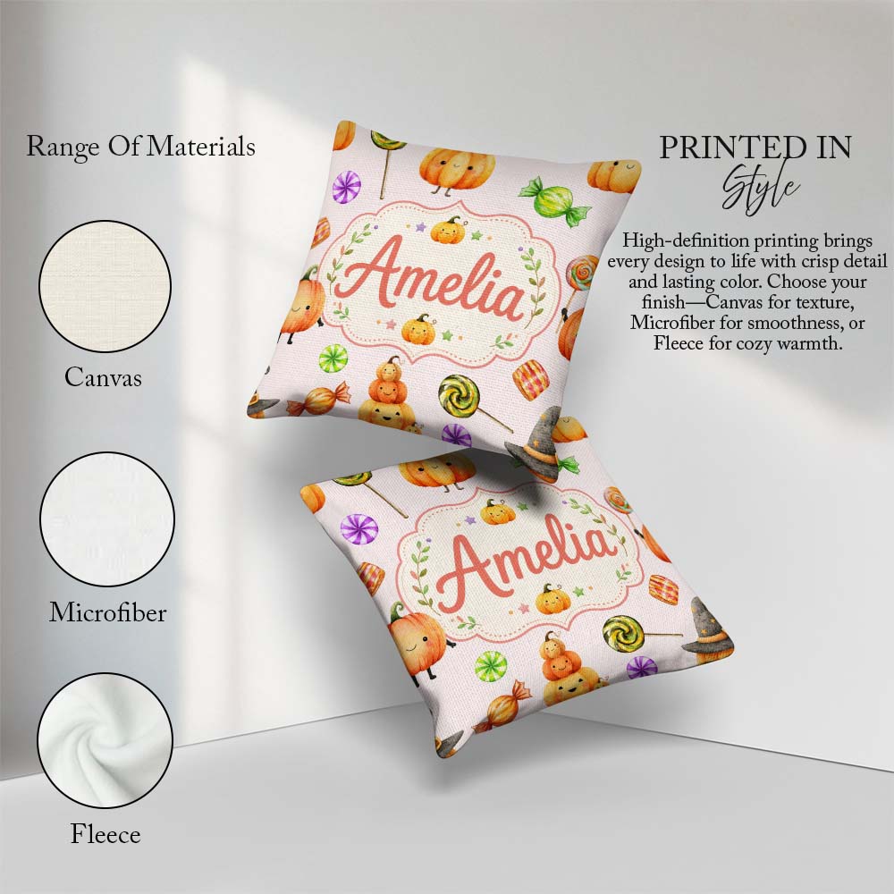 Custom Name Halloween Pumpkin Candy Characters Pastel Background Square Filled Cushion Throw Pillow Sofa Bed Home Decor Zip Washable UK Made