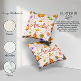 Custom Name Halloween Pumpkin Candy Characters Pastel Background Square Filled Cushion Throw Pillow Sofa Bed Home Decor Zip Washable UK Made