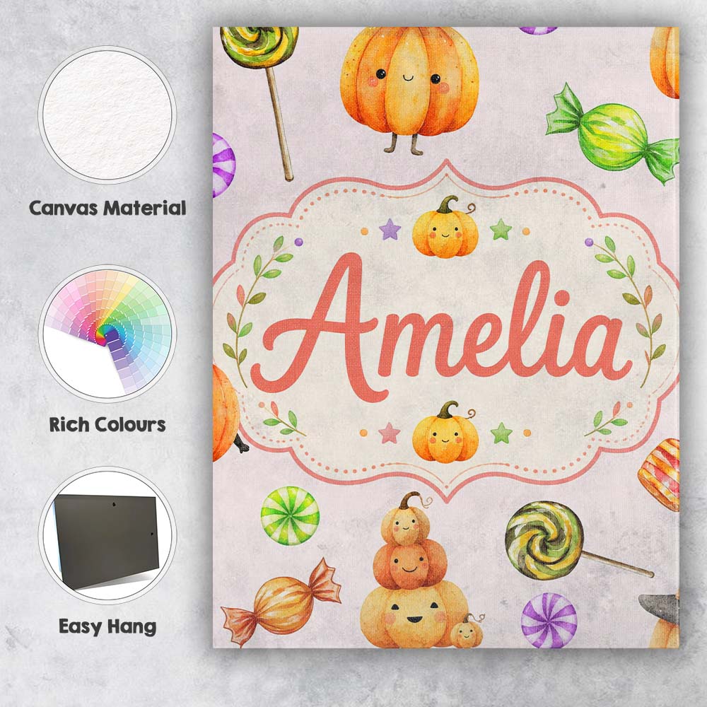 Personalised Name Cute Halloween Pumpkin Custom  Unique Gift Idea Elegant Feature Canvas Wall Art Print Decor Picture Ready to Hang