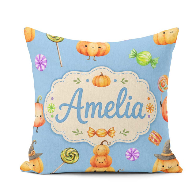 Custom Name Halloween Candy Characters Blue Background Seamless Square Filled Cushion Throw Pillow Sofa Bed Home Decor Zip Washable UK Made