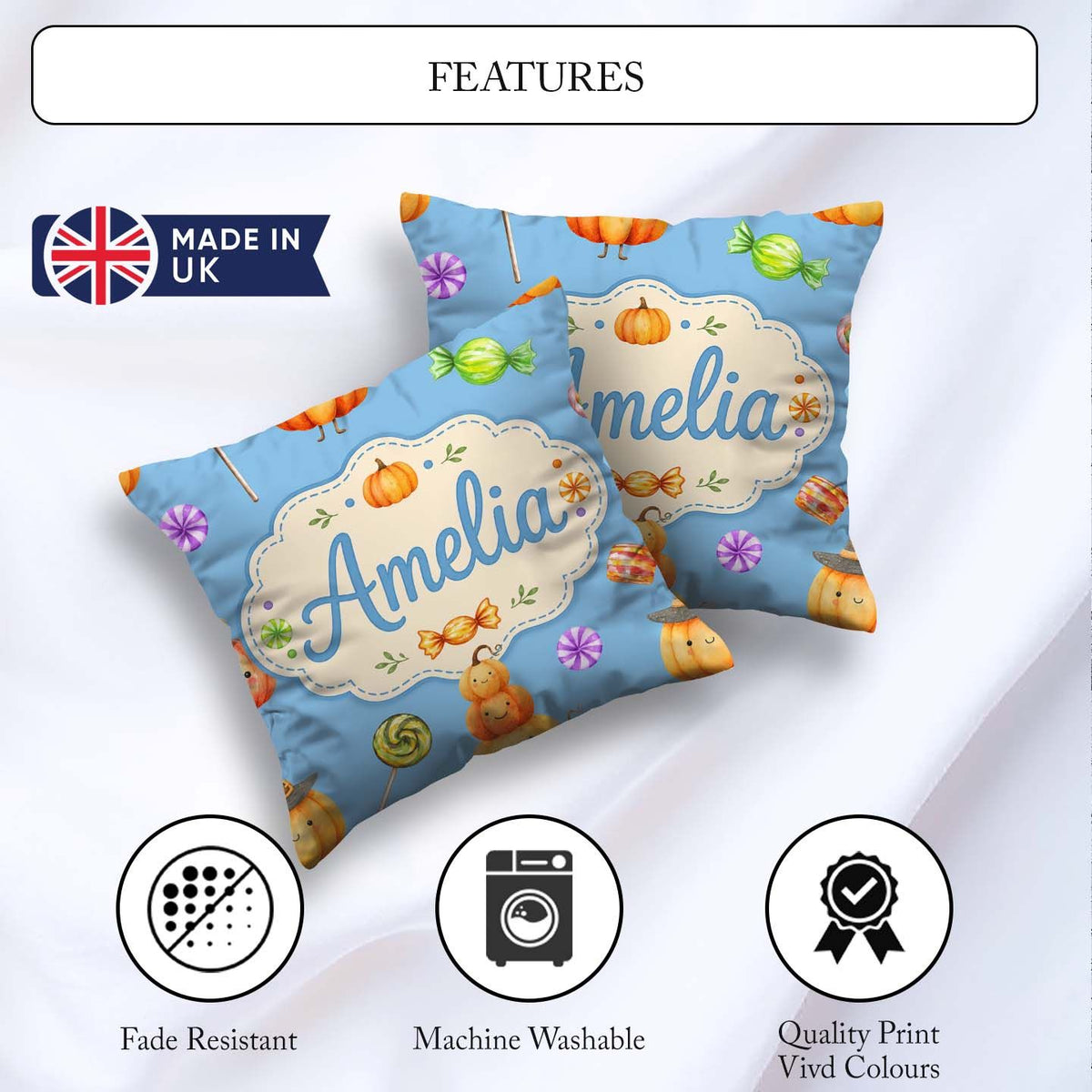 Custom Name Halloween Candy Characters Blue Background Seamless Square Filled Cushion Throw Pillow Sofa Bed Home Decor Zip Washable UK Made