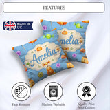 Custom Name Halloween Candy Characters Blue Background Seamless Square Filled Cushion Throw Pillow Sofa Bed Home Decor Zip Washable UK Made