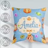Custom Name Halloween Candy Characters Blue Background Seamless Square Filled Cushion Throw Pillow Sofa Bed Home Decor Zip Washable UK Made