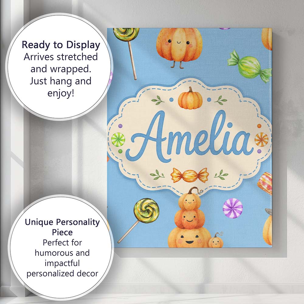 Personalised Name Cute Halloween Pumpkin Custom  Unique Gift Idea Elegant Feature Canvas Wall Art Print Decor Picture Ready to Hang