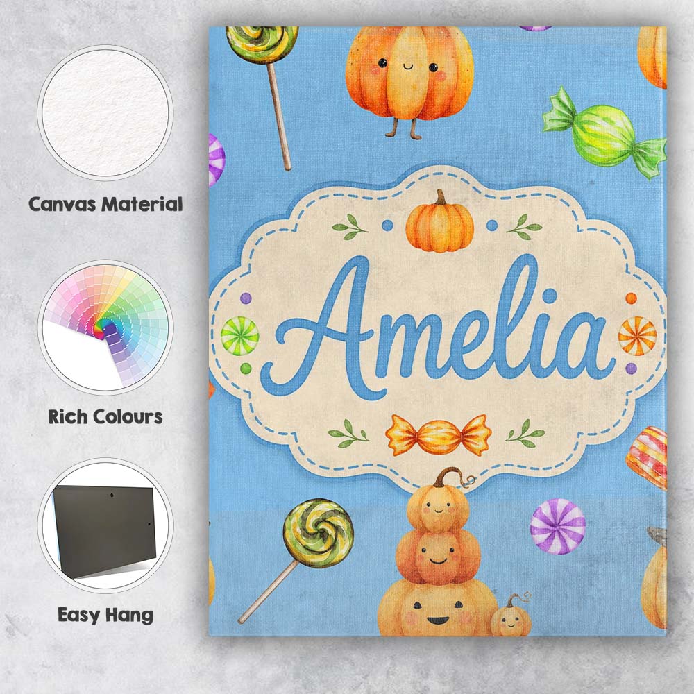 Personalised Name Cute Halloween Pumpkin Custom  Unique Gift Idea Elegant Feature Canvas Wall Art Print Decor Picture Ready to Hang