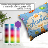 Custom Name Halloween Candy Characters Blue Background Seamless Square Filled Cushion Throw Pillow Sofa Bed Home Decor Zip Washable UK Made