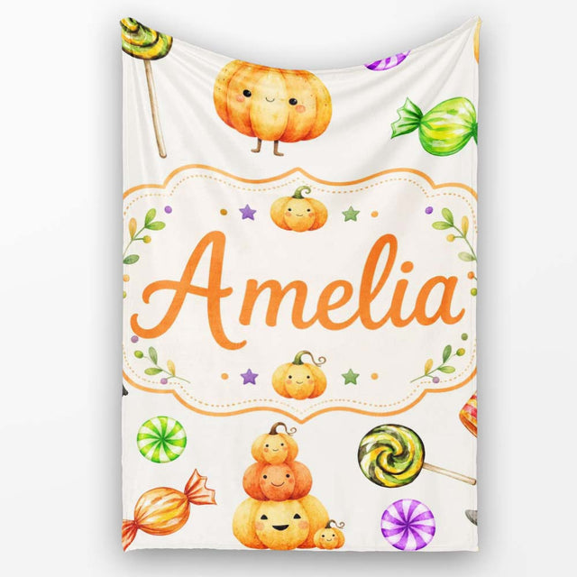 Cute Halloween Pumpkin Candy Characters Neutral Background Seamless  Personalised Custom Name Super Soft Fleece Blanket Bed Sofa Throw