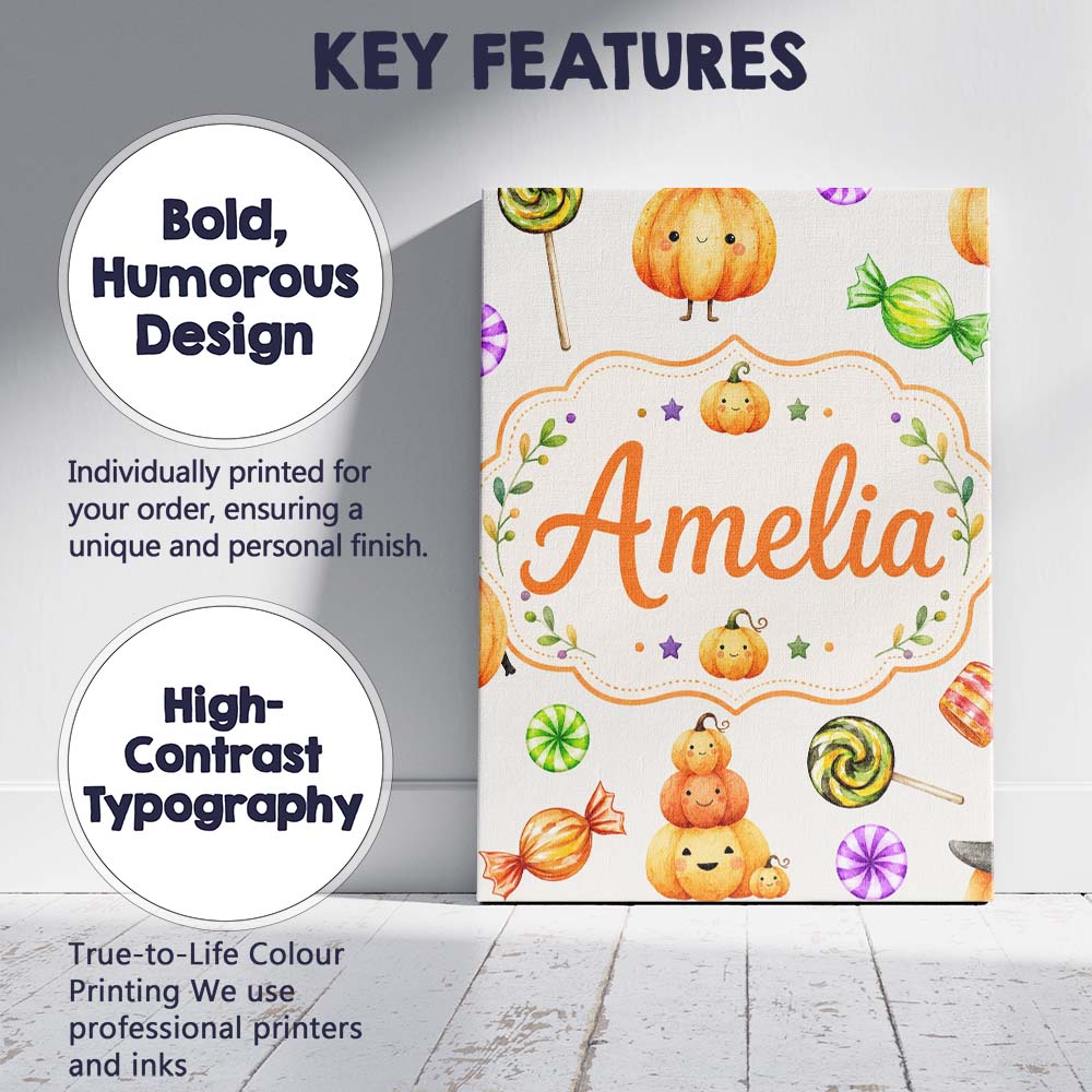 Personalised Name Cute Halloween Pumpkin Custom  Unique Gift Idea Elegant Feature Canvas Wall Art Print Decor Picture Ready to Hang