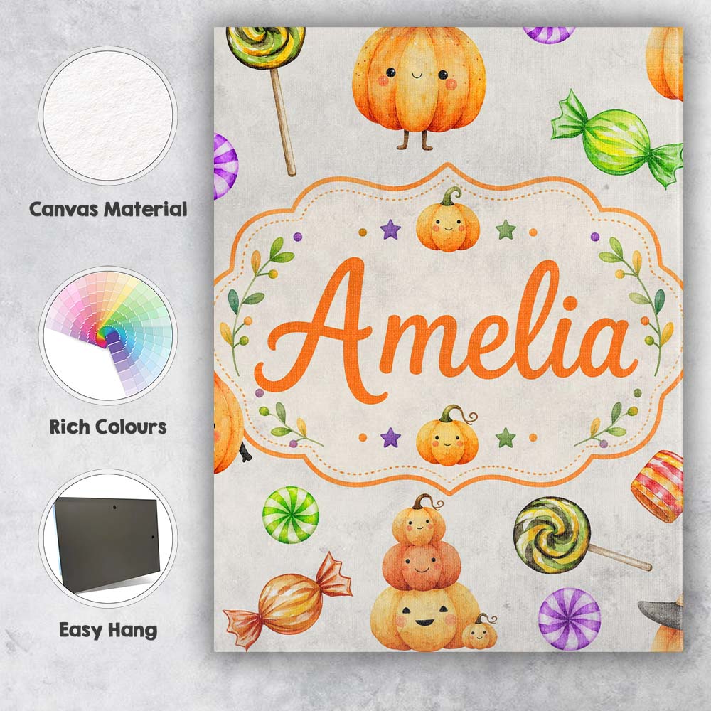 Personalised Name Cute Halloween Pumpkin Custom  Unique Gift Idea Elegant Feature Canvas Wall Art Print Decor Picture Ready to Hang
