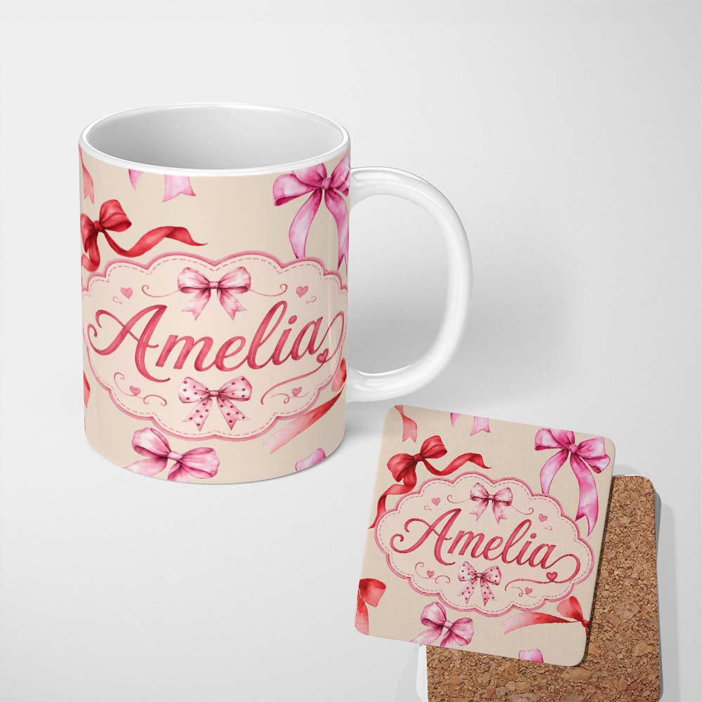 Personalized Custom Name Watercolor Red Pink Ribbon Bows Warm Beige Background Cute Girly 11oz Ceramic Coffee Tea Mug White Large Handle