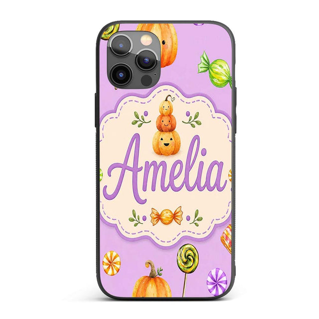Cute Halloween Pumpkin Candy Characters Purple Custom Name Protective Phone Case Mobile Cover Durable Everyday Smartphone Shock Resistant