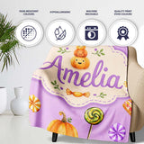 Cute Halloween Pumpkin Candy Characters Purple Background Seamless  Personalised Custom Name Super Soft Fleece Blanket Bed Sofa Throw