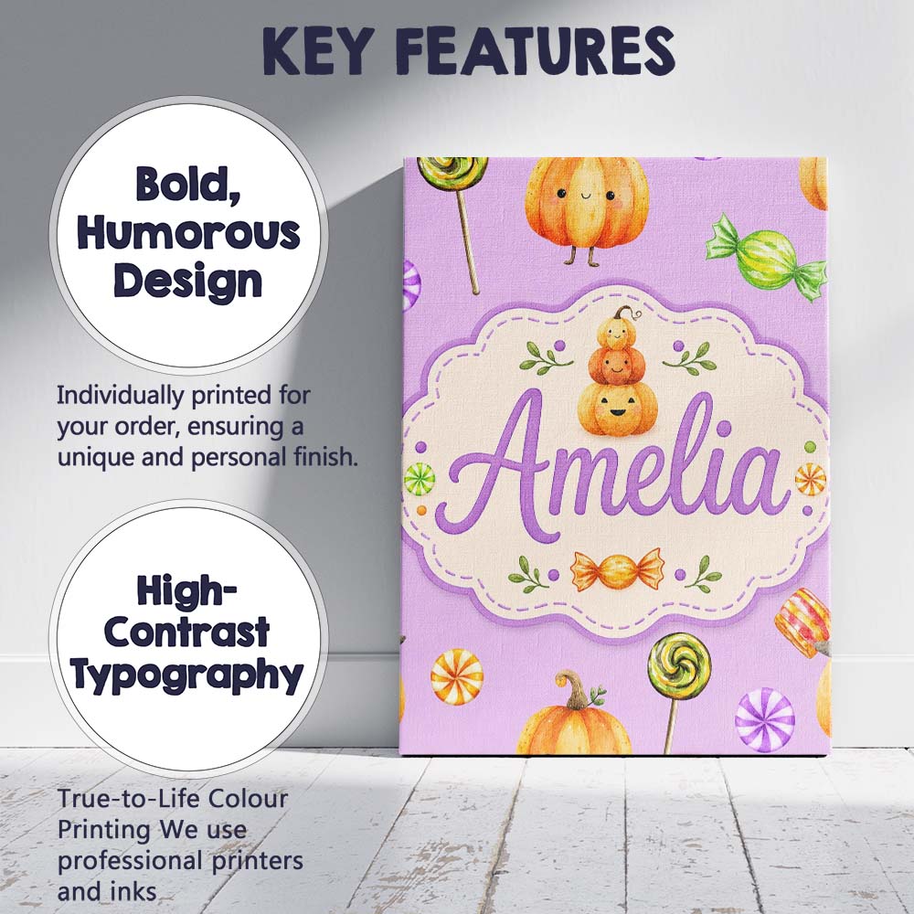 Personalised Name Cute Halloween Pumpkin Custom  Unique Gift Idea Elegant Feature Canvas Wall Art Print Decor Picture Ready to Hang
