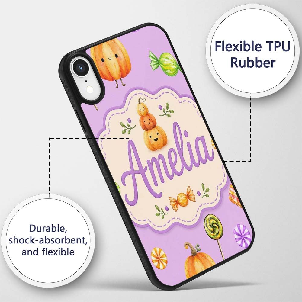 Cute Halloween Pumpkin Candy Characters Purple Custom Name Protective Phone Case Mobile Cover Durable Everyday Smartphone Shock Resistant
