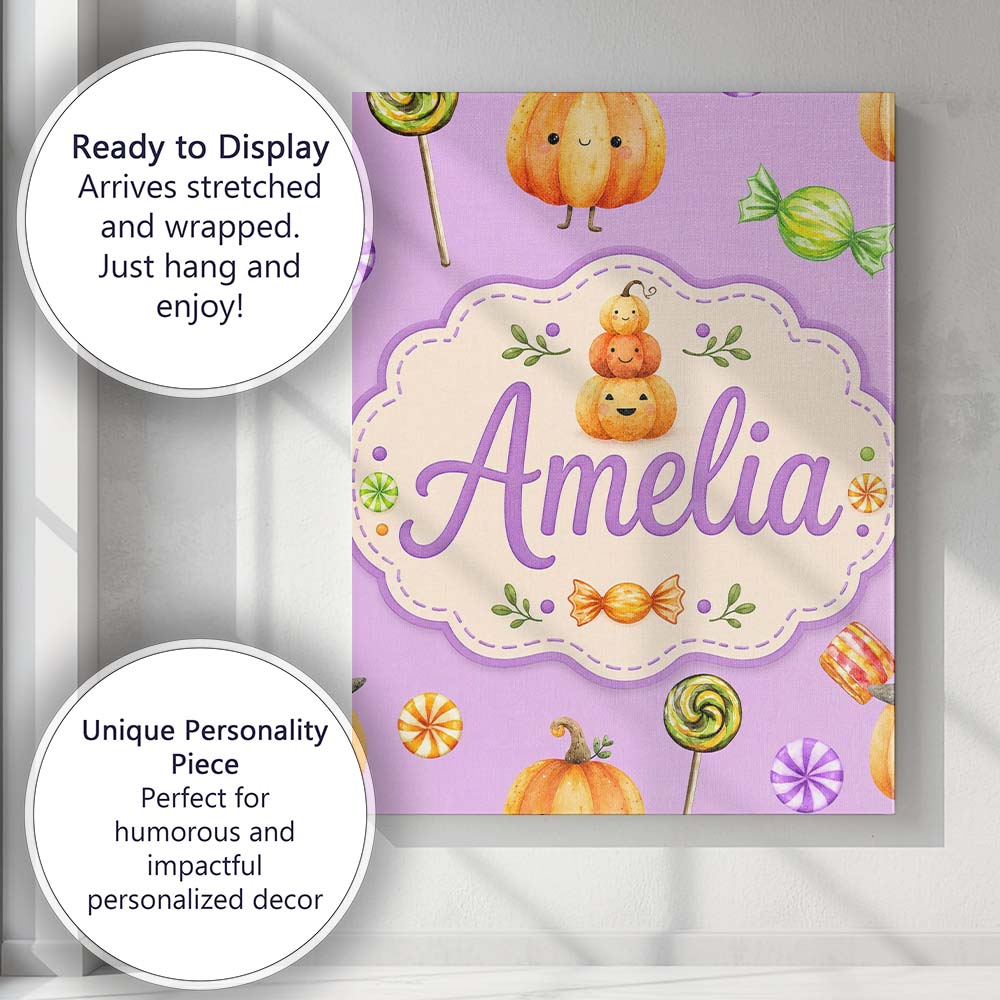 Personalised Name Cute Halloween Pumpkin Custom  Unique Gift Idea Elegant Feature Canvas Wall Art Print Decor Picture Ready to Hang