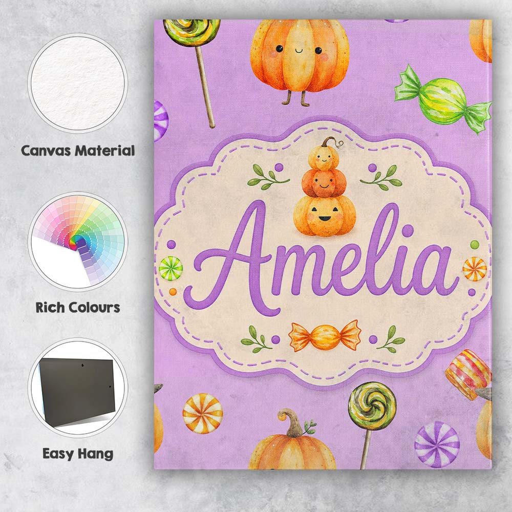Personalised Name Cute Halloween Pumpkin Custom  Unique Gift Idea Elegant Feature Canvas Wall Art Print Decor Picture Ready to Hang
