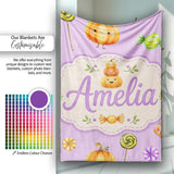 Cute Halloween Pumpkin Candy Characters Purple Background Seamless  Personalised Custom Name Super Soft Fleece Blanket Bed Sofa Throw