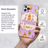 Cute Halloween Pumpkin Candy Characters Purple Custom Name Protective Phone Case Mobile Cover Durable Everyday Smartphone Shock Resistant