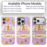 Cute Halloween Pumpkin Candy Characters Purple Custom Name Protective Phone Case Mobile Cover Durable Everyday Smartphone Shock Resistant