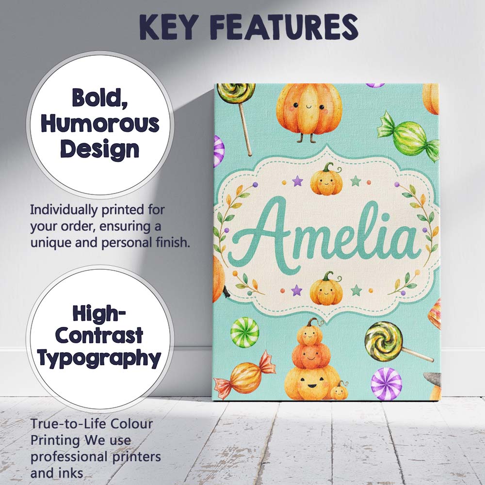 Personalised Name Cute Halloween Pumpkin Custom  Unique Gift Idea Elegant Feature Canvas Wall Art Print Decor Picture Ready to Hang