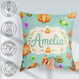 Custom Name Halloween Candy Characters Mint Background Seamless Square Filled Cushion Throw Pillow Sofa Bed Home Decor Zip Washable UK Made