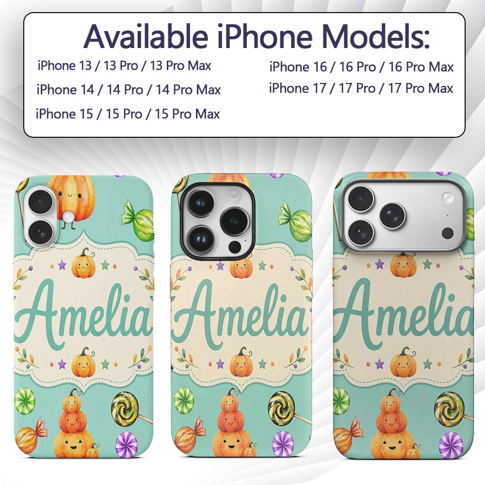 Cute Halloween Pumpkin Candy Characters Mint Custom Name Protective Phone Case Mobile Cover Durable Everyday Smartphone Shock Resistant