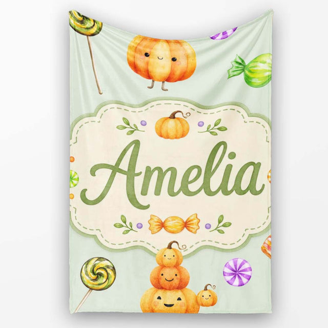 Cute Halloween Pumpkin Candy Characters Sage Background Seamless  Personalised Custom Name Super Soft Fleece Blanket Bed Sofa Throw