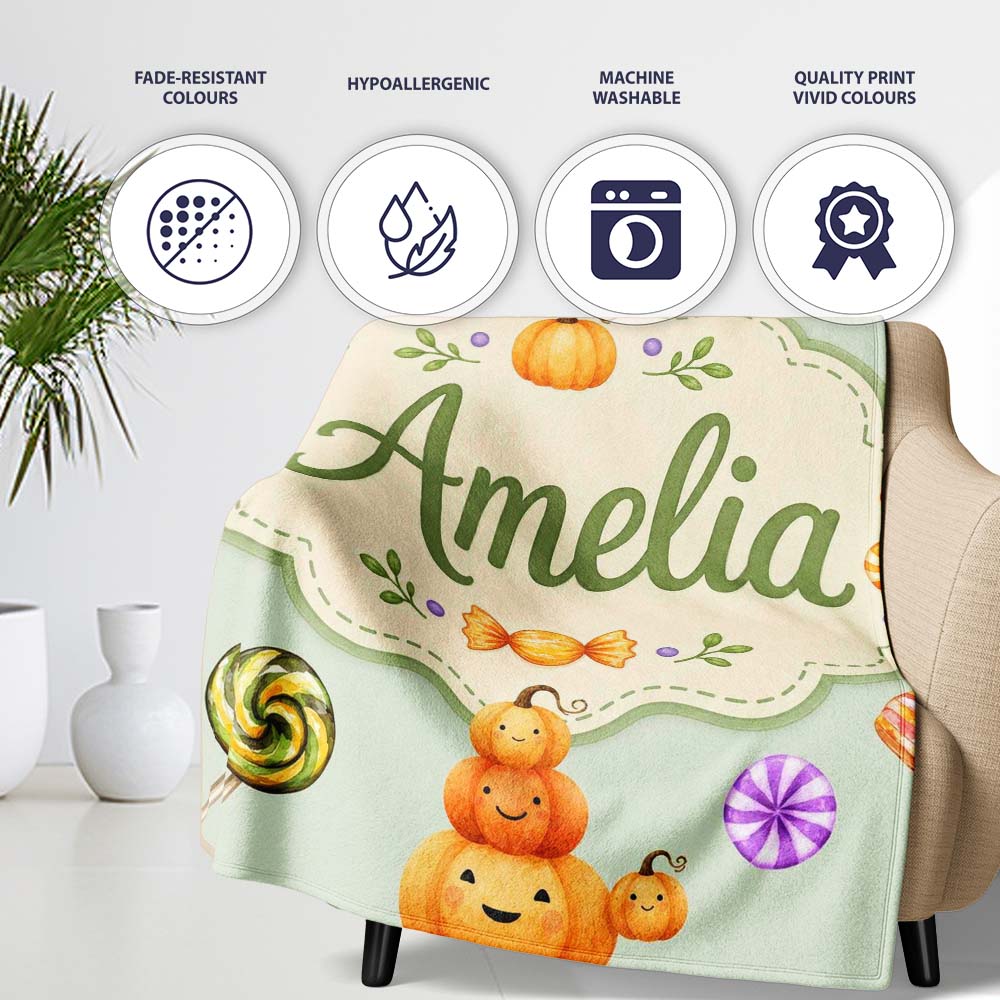 Cute Halloween Pumpkin Candy Characters Sage Background Seamless  Personalised Custom Name Super Soft Fleece Blanket Bed Sofa Throw
