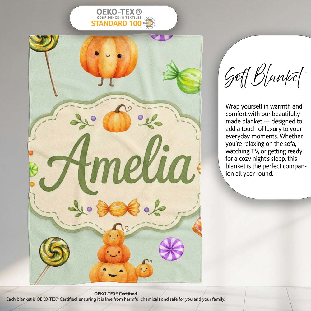 Cute Halloween Pumpkin Candy Characters Sage Background Seamless  Personalised Custom Name Super Soft Fleece Blanket Bed Sofa Throw