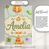 Cute Halloween Pumpkin Candy Characters Sage Background Seamless  Personalised Custom Name Super Soft Fleece Blanket Bed Sofa Throw