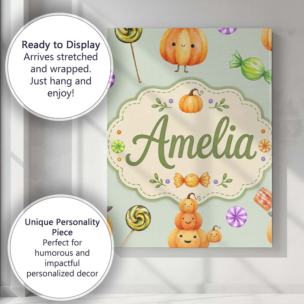 Personalised Name Cute Halloween Pumpkin Custom  Unique Gift Idea Elegant Feature Canvas Wall Art Print Decor Picture Ready to Hang