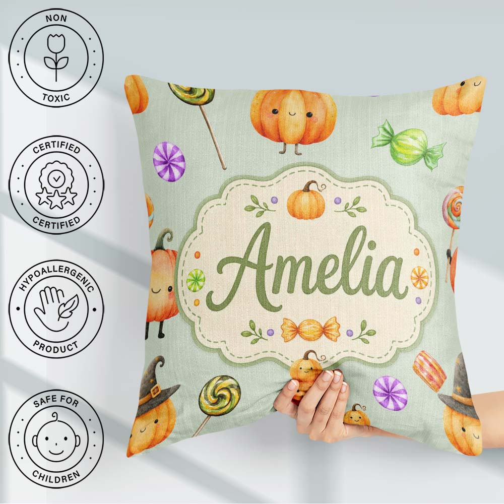 Custom Name Halloween Candy Characters Sage Background Seamless Square Filled Cushion Throw Pillow Sofa Bed Home Decor Zip Washable UK Made