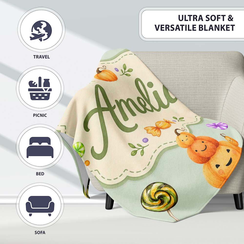 Cute Halloween Pumpkin Candy Characters Sage Background Seamless  Personalised Custom Name Super Soft Fleece Blanket Bed Sofa Throw