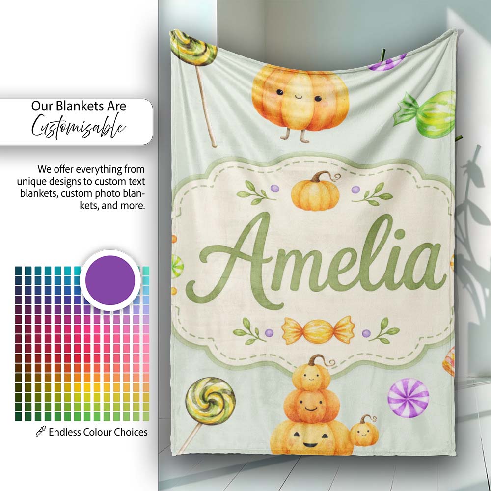 Cute Halloween Pumpkin Candy Characters Sage Background Seamless  Personalised Custom Name Super Soft Fleece Blanket Bed Sofa Throw