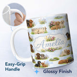 Personalized Custom Name Cute Dachshund Puppy Garden Floral Seamless Pattern Cute Unique Gift 11oz Ceramic Coffee Tea Mug White Large Handle