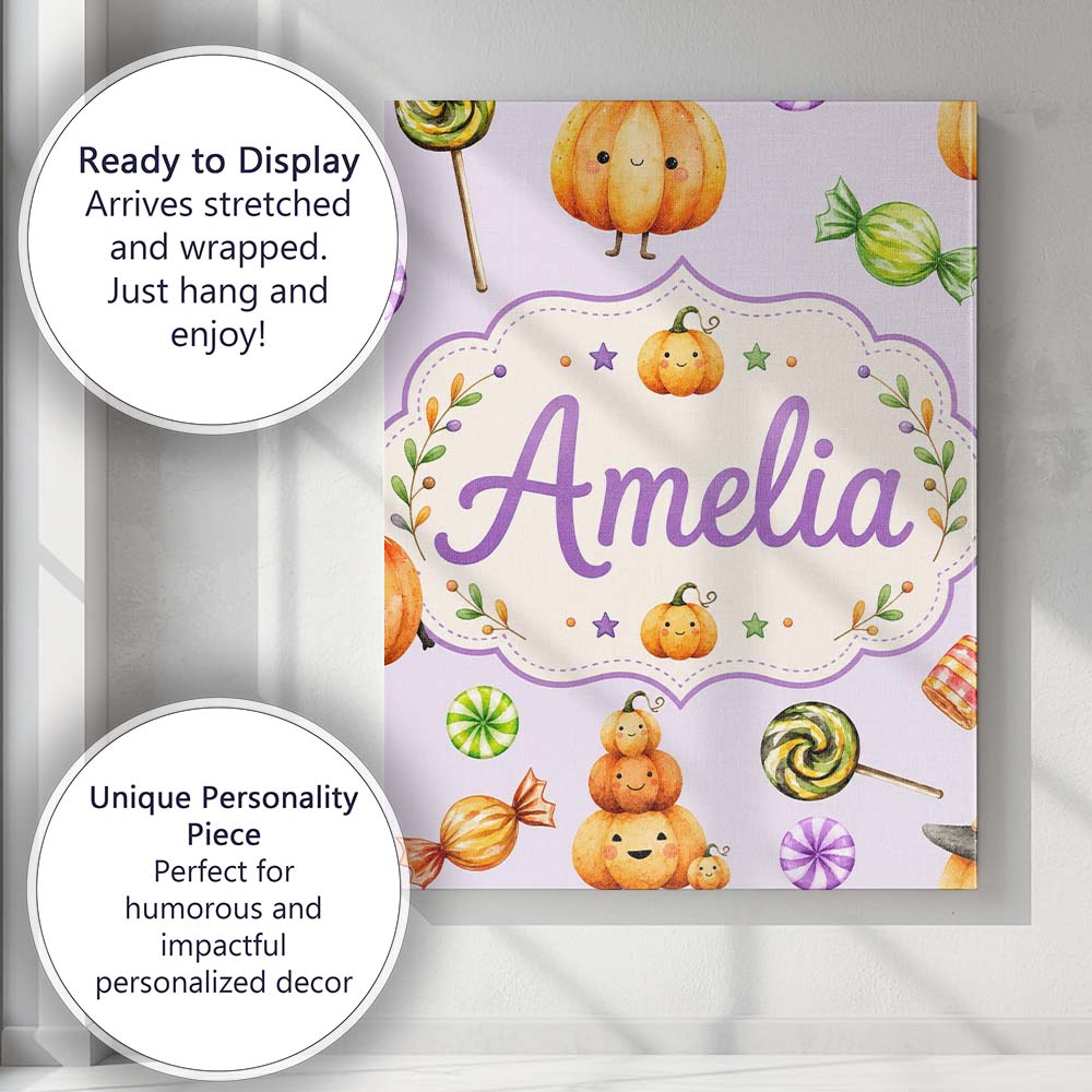Personalised Name Cute Halloween Pumpkin Custom  Unique Gift Idea Elegant Feature Canvas Wall Art Print Decor Picture Ready to Hang