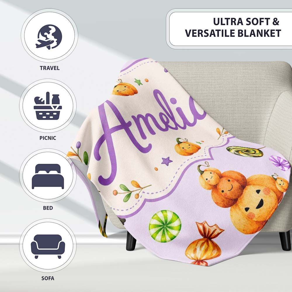 Cute Halloween Pumpkin Candy Characters Lilac Background Seamless  Personalised Custom Name Super Soft Fleece Blanket Bed Sofa Throw