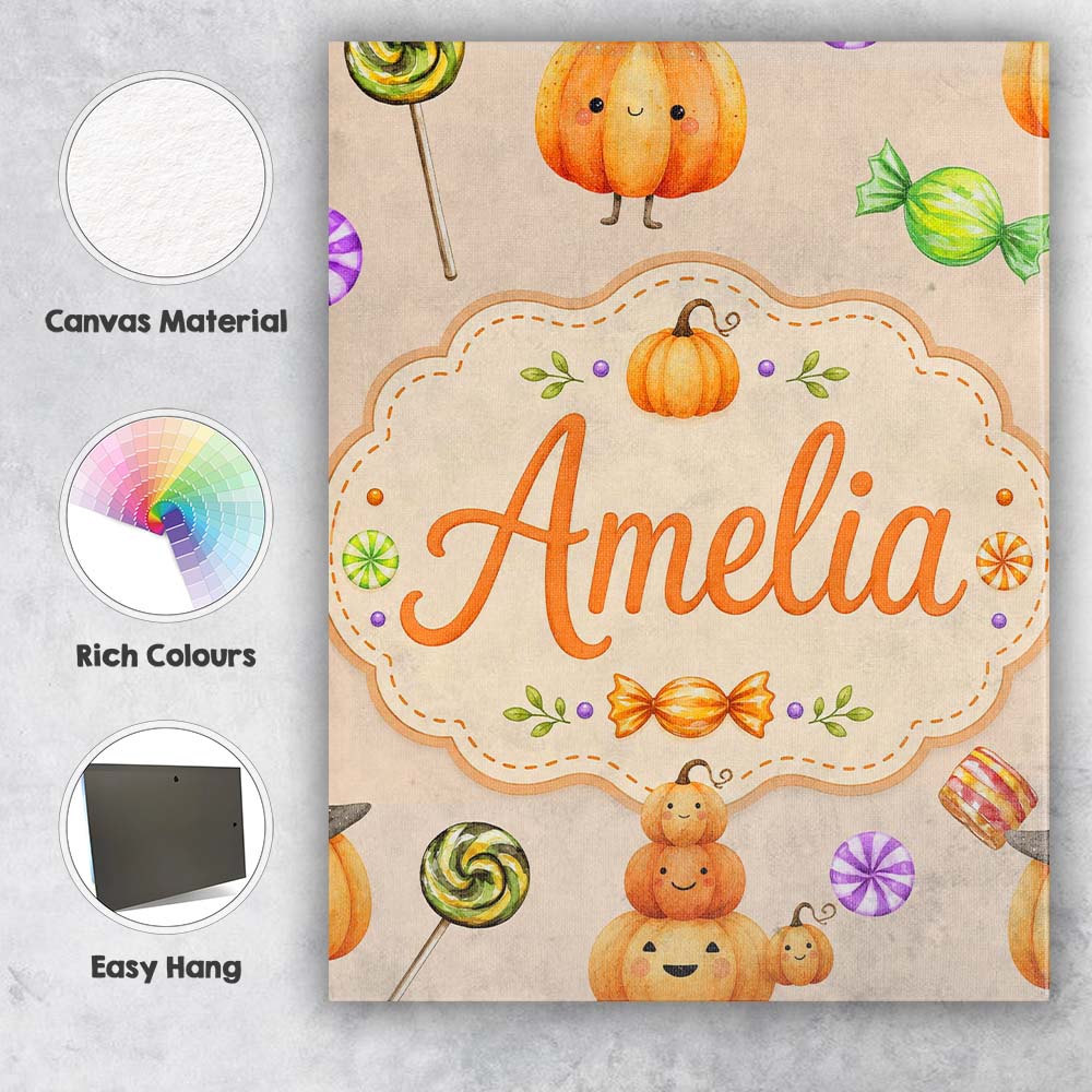 Personalised Name Cute Halloween Pumpkin Custom  Unique Gift Idea Elegant Feature Canvas Wall Art Print Decor Picture Ready to Hang