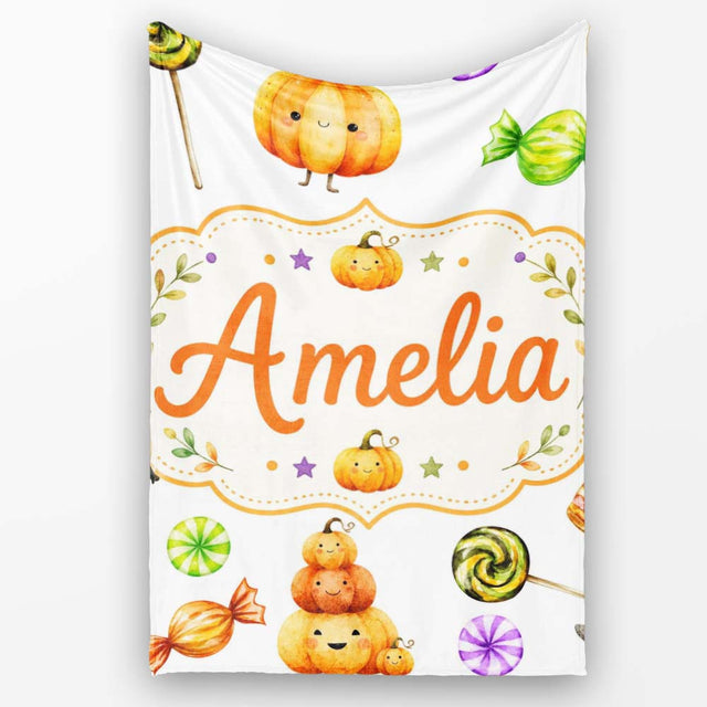 Cute Halloween Pumpkin Candy Characters Soft Grey Background  Personalised Custom Name Super Soft Fleece Blanket Bed Sofa Throw