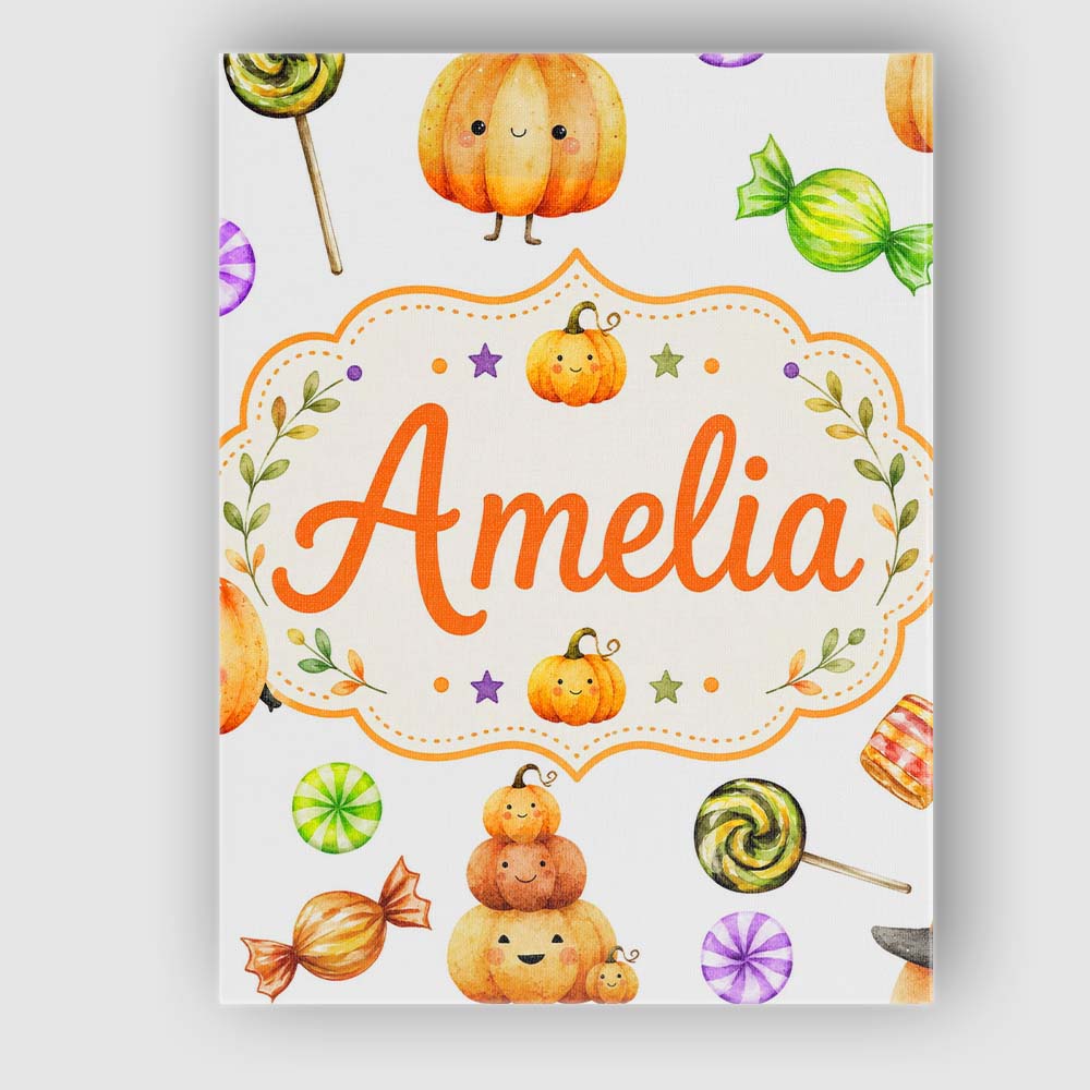 Personalised Name Cute Halloween Pumpkin Custom  Unique Gift Idea Elegant Feature Canvas Wall Art Print Decor Picture Ready to Hang