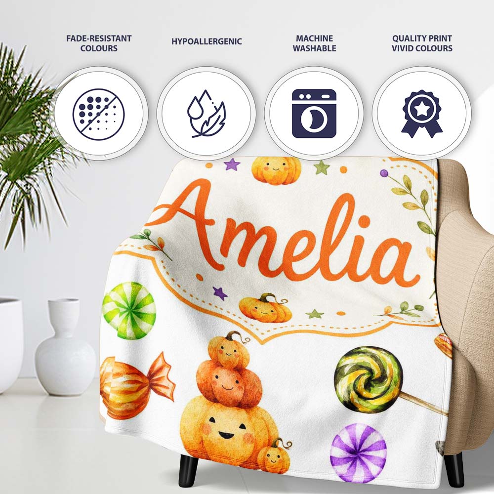 Cute Halloween Pumpkin Candy Characters Soft Grey Background  Personalised Custom Name Super Soft Fleece Blanket Bed Sofa Throw