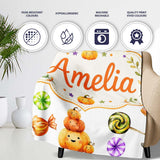Cute Halloween Pumpkin Candy Characters Soft Grey Background  Personalised Custom Name Super Soft Fleece Blanket Bed Sofa Throw