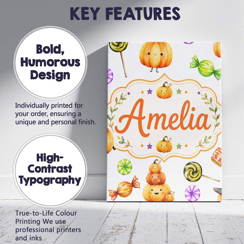 Personalised Name Cute Halloween Pumpkin Custom  Unique Gift Idea Elegant Feature Canvas Wall Art Print Decor Picture Ready to Hang