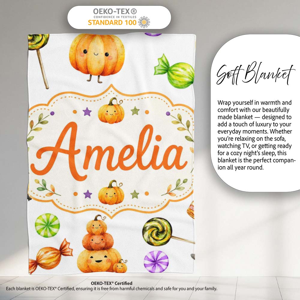 Cute Halloween Pumpkin Candy Characters Soft Grey Background  Personalised Custom Name Super Soft Fleece Blanket Bed Sofa Throw