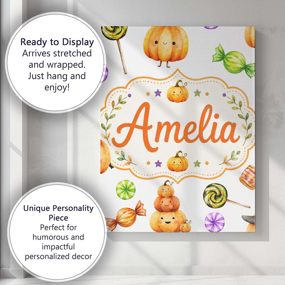 Personalised Name Cute Halloween Pumpkin Custom  Unique Gift Idea Elegant Feature Canvas Wall Art Print Decor Picture Ready to Hang