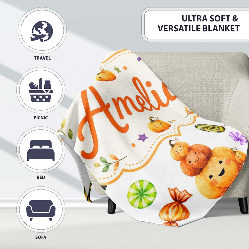 Cute Halloween Pumpkin Candy Characters Soft Grey Background  Personalised Custom Name Super Soft Fleece Blanket Bed Sofa Throw