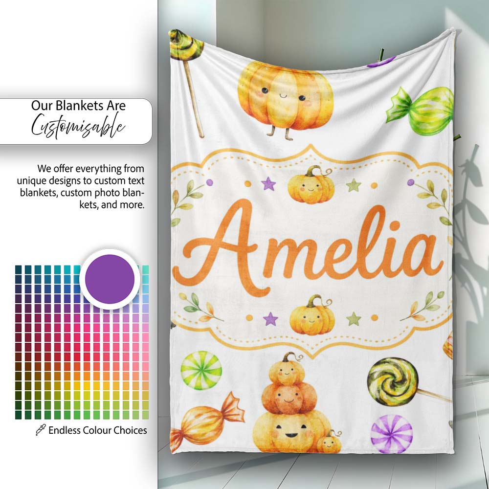 Cute Halloween Pumpkin Candy Characters Soft Grey Background  Personalised Custom Name Super Soft Fleece Blanket Bed Sofa Throw