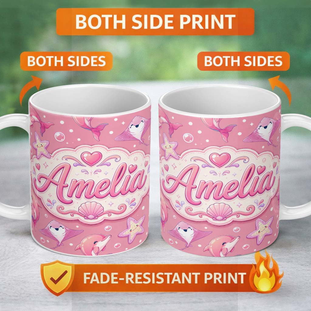 Personalized Custom Name Cute Pink Dolphin Stingray Starfish Ocean Creatures Pink Polka Dot 11oz Ceramic Coffee Tea Mug White Large Handle