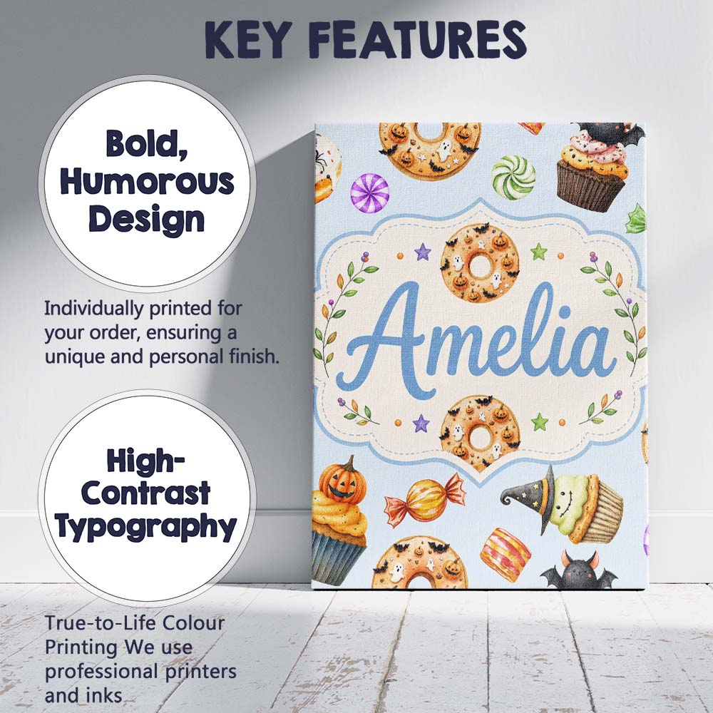 Personalised Name Cute Halloween Spooky Custom  Modern Room Accent Elegant Feature Canvas Wall Art Print Decor Picture Ready to Hang